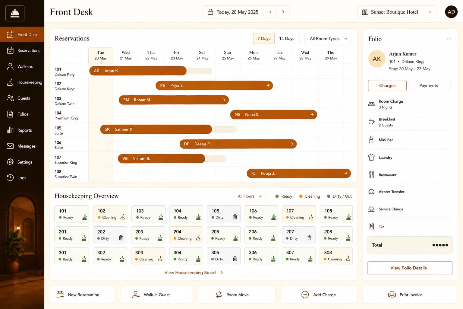 A hotel front-desk screen: a week-long reservation timeline with booking bars per room, a housekeeping board showing room-ready states, and a guest folio of charges.