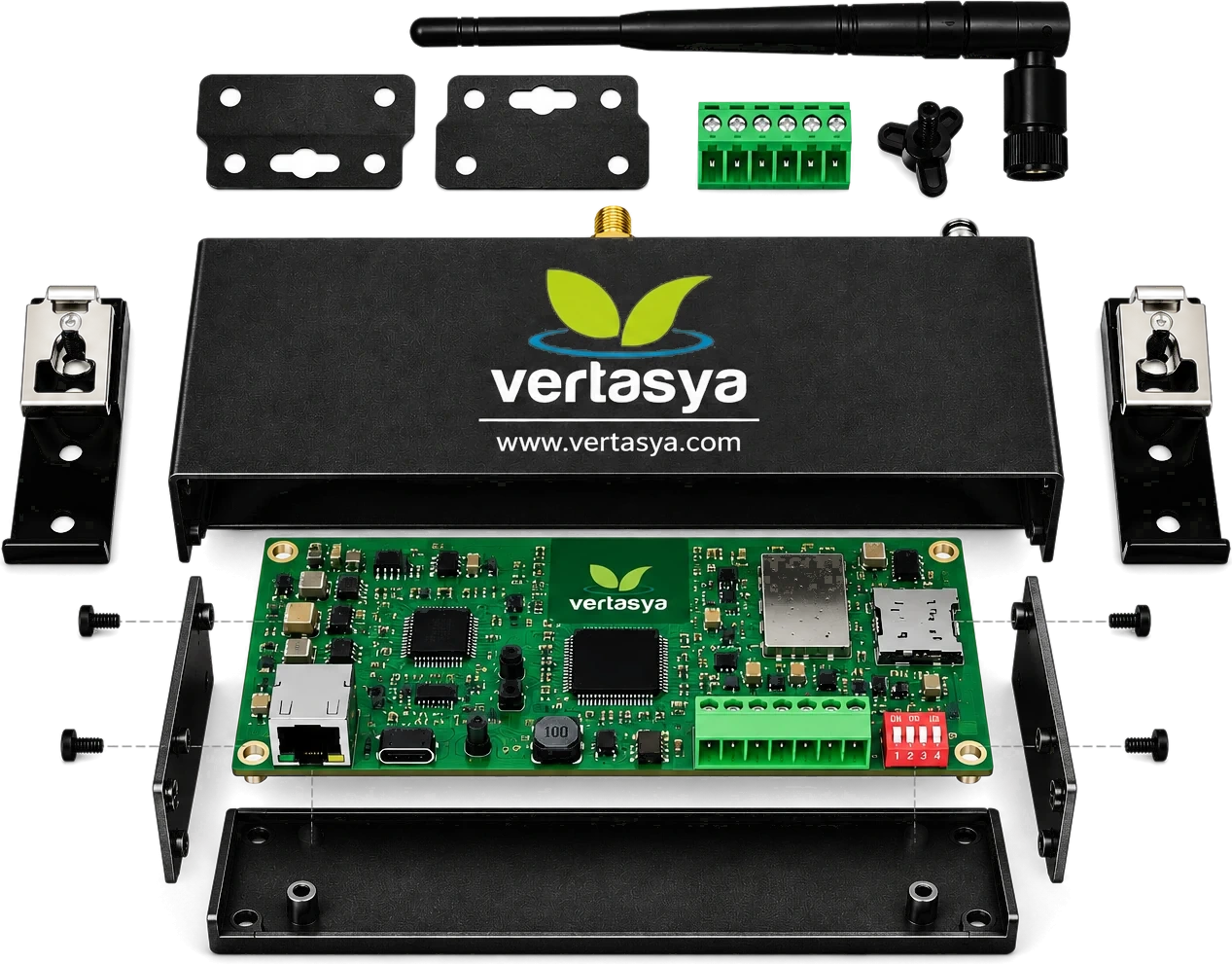 Exploded view of the Vertasya IoT datalogger showing the circuit board, enclosure, antenna and mounting brackets
